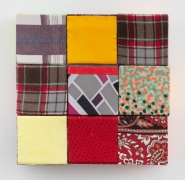 Plaid, Color Blocks, Dress, 2021, wooden blocks, flannel shirt fabric, paisley, Flashe acrylic