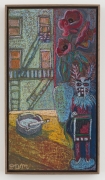 NYC Fire Escape Painting with Kachina Doll, 2018, oil stick, oil pastel &amp;amp; Flashe on linen