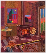 Upstate Interior with Wood Burning Stove, 2021, oil stick, oil pastel, and Flashe on burlap over canvas