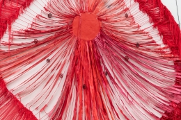 Red Sun (detail), 2021, canvas, acrylic polymer, acrylic ink, yarn, thread, wire, and lotus root