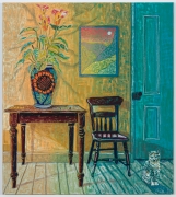 Interior with Mexican Vase, Lillies, &amp;amp; Calico Cat, 2021, oil stick, oil pastel, and Flashe on linen