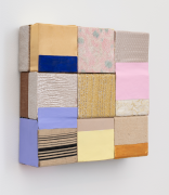 Horizontal Color, 2019, wooden blocks, shiny dress fabric, paper, Flashe acrylic