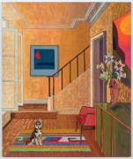 Interior with Husky Pup and Forrest Bess, 2021, oil stick, oil pastel, and Flashe on linen